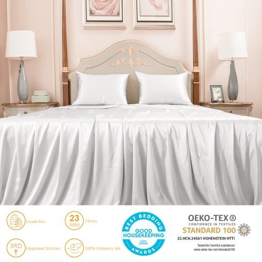 Juego de Sabanas de Seda 100% Morera PROMEED 23 Momme Twin XL 3 Piezas, Juego de Sabanas de Cama de Seda Oeko TEX Pura con Sabana Plana, Sabana Ajustable y Funda de Almohada (Blanco, Twin/Twin-XL) - Imagen 2