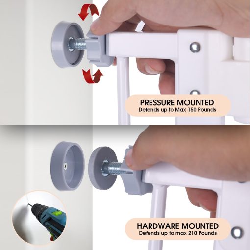 Puerta extra alta Keny de 36" para bebes en escaleras, Puerta para perros de 29"-42.5" de ancho con cierre automatico, Puerta de mascota de facil acceso montada a presion para puertas, Puerta de seguridad duradera para escaleras, Blanco - Imagen 5