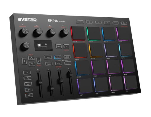 HXW EMP16 MIDI Pad Controller Beat Maker Machine Con Bluetooth, 16 RGB Pads de Ritmo Sensibles a la Velocidad, 16 Niveles, Completo/Medio Nivel, Pantalla OLED, MIDI Entrada/Salida
