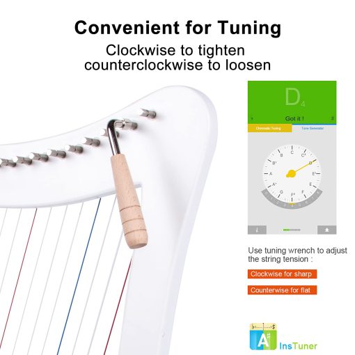 Arpa Lira, 15 cuerdas 22 pulgadas Instrumento Musical de Abedul Macizo Altura para Adultos Niños Principiantes con Llave de Afinacion Bolso Negro Correa (Blanco) - Imagen 6