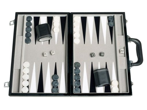 Set de Backgammon de Viaje - Piel Sintetica, Campo de Juego de Terciopelo - 15 pulgadas, Negro/Gris