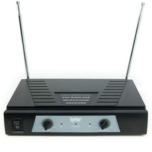 Sistema de microfono inalambrico de doble frecuencia Tyler TWM302 - Indicadores de bateria baja - Microfono de karaoke con alcance de 100 pies con cable de audio de 1/4", receptor inalambrico y convertidor de conector de 6.3 mm a 3.5 mm - Imagen 4