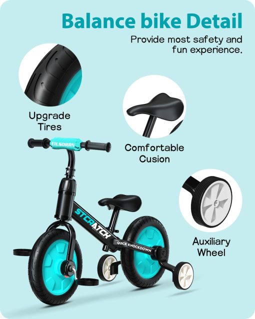 Bicicleta de Equilibrio Eilsorrn para Ninos de 2 a 5 Anos - 3 en 1 con Ruedas de Entrenamiento, Pedales Desmontables, Azul - Imagen 4