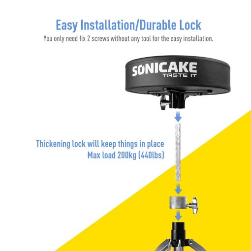SONICAKE Banqueta de Bateria, Asiento de Bateria Resistente Actualizado, Taburete Ajustable en Altura con Piso Acolchado de Doble Reforzado, Silla Giratoria para Ninos y Adultos, Negro - Imagen 3