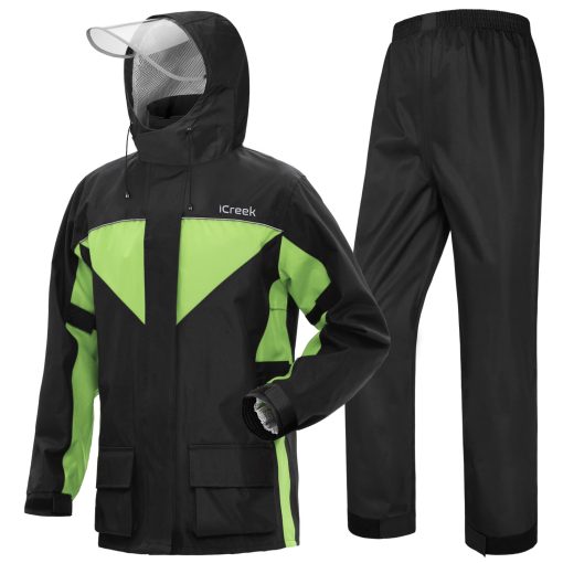 Conjunto de lluvia para motocicleta iCreek para hombres y mujeres impermeable anti-tormenta chamarra de alta visibilidad para ciclismo, golf, pesca, negro con verde, S