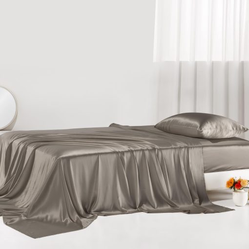 Juego de sabanas de seda de morera de lujo Promeed de 30 Momme, tamano Queen, Set de sabanas de seda real Grado 6A+ 100% con sabana plana, sabana ajustable y fundas de almohada (Gris, Queen)