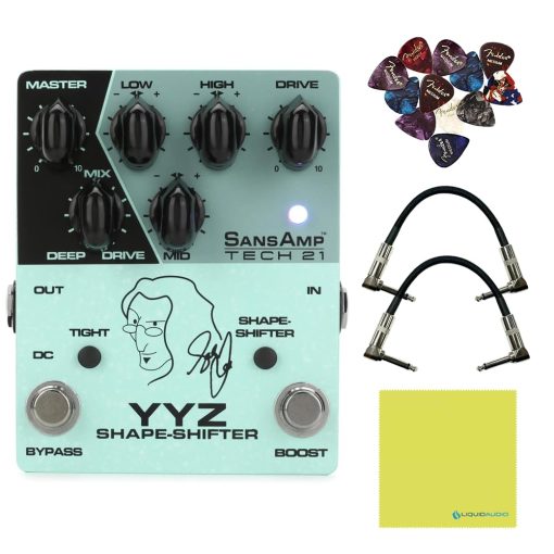 Pedal Tech 21 YYZ-SH Geddy Lee Shape-Shifter Signature SansAmp con Bundle de 2x Cables de Conexion en angulo Recto Strukture S6P48, 12x Puas de Fender y Pano de Pulido de Audio Liquido