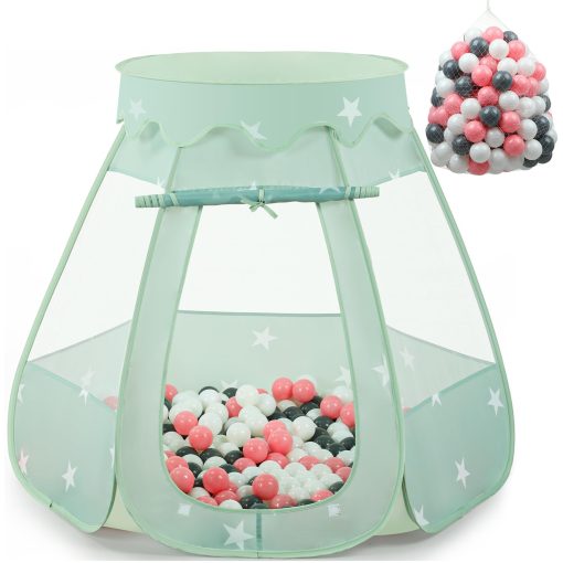 Tent de Juego para bebe Wilhunter con 150 Pelotas, Tienda de Campana emergente para ninas, Juguetes de Princesa para ninos Interior y Exterior con Bolsa de Transporte (Celadon: Rosa/Blanco/Gris, 109x90cm/150 Pelotas)