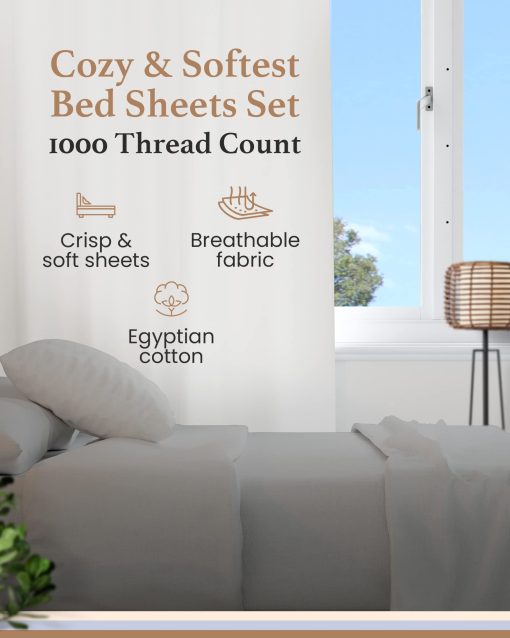 Juego de sabanas tamaño King Good Sleep Bedding con bolsillos profundos - 4 piezas, juego de sabanas King de 1000 TC, sabanas de cama King de algodon egipcio 100%, suaves y transpirables, se ajustan hasta 16 pulgadas - Gris Claro - Imagen 2