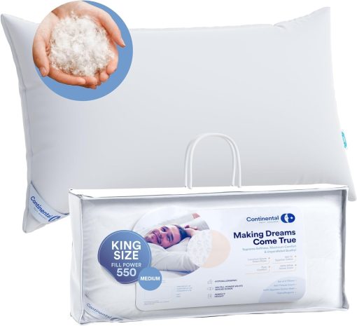 Almohadas de plumon de lujo Continental Bedding 100% tamano King Pack de 1 - Hechas en familia en Nueva York - Almohadas transpirables para dormir, para dolor de espalda, de lado y de estomago - Firmeza y loft medio de 550FP
