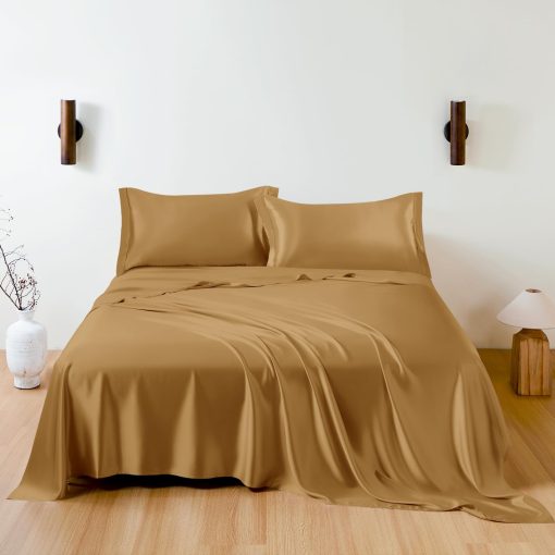 Juego de sabanas de seda 100% morera THXSILK, juego de sabanas de seda 7A+ suave y transpirable, ropa de cama de lujo (1 sabana plana, 1 sabana ajustable, 2 fundas de almohada) King, Oro metalico