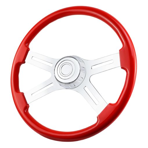 Volante de direccion de madera maciza de 18" lacado camion 4 radios de aluminio cromado volante para semi-remolques, camiones Kenworth, Peterbilt, Volvo, Freightliner (rojo)
