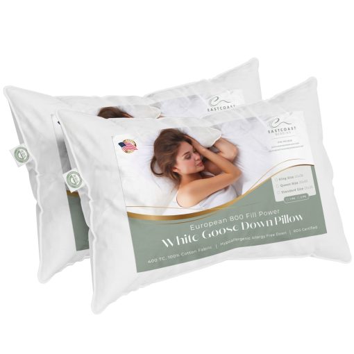Juego de 2 almohadas de tamano Queen de East Coast Bedding - Almohada de lujo firme de hotel para una cama de lujo - Almohada de 100% plumon de ganso europeo 800FP - Almohada sin plumas para dormir