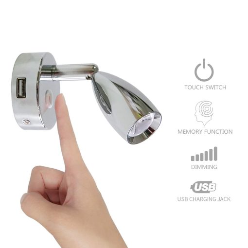 THALASSA 12V Foco USB de Lectura para RV - Interruptor tactil regulable con luz nocturna azul, acabado cromado pulido, montado en superficie en remolque caravana embarcacion interior como luz de noche para camas lampara de libro - Imagen 2
