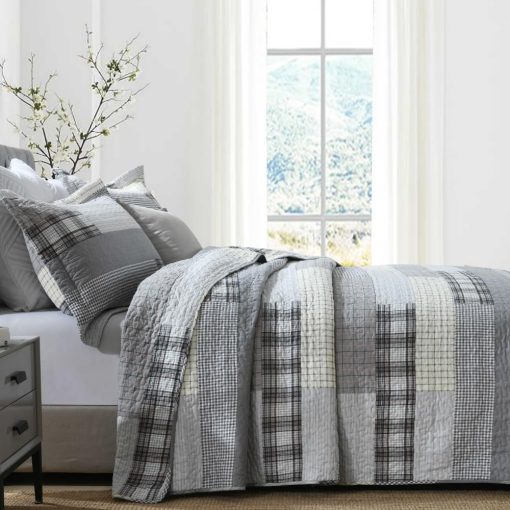 Juego de Edredon BCOTTOND Tamano Queen 100% Algodon Estilo Granja Cuadros Patchwork Reversible Edredon Juego de Ropa de Cama Acolchado Ligero para Cama Queen, 3 piezas, Gris/Crema/Beige - Imagen 3