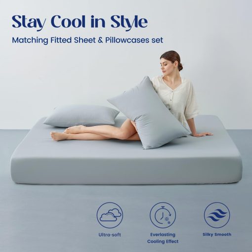 Juego de Sabanas Ajustables Dream Valley? King Size con 2 Fundas de Almohada, Q-Max > 0.4 Aerocool? 3 Piezas sin Sabana Plana, Ideal para el Calor Nocturno, Personas que Sudan en la Noche, Gris Fresco - Imagen 4