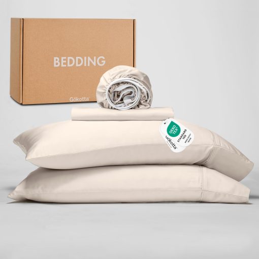 Juego de sabanas GOKOTTA Split King 5 piezas, sabanas extra suaves, refrigerante para los que duermen calientes - Sabanas transpirables de lujo de hotel, bolsillo profundo hasta 16" - 100% Rayon derivado del bambu (Beige Claro)