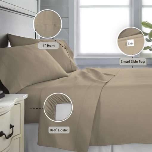 Juego de sabanas de algodon Pizuna tamano King Simply Taupe, 600 hilos Juego de sabanas y fundas de almohada de algodon de fibra larga tejido de sabana sateen, Sabanas de bolsillo profundo se ajustan a 15 pulgadas - Imagen 3
