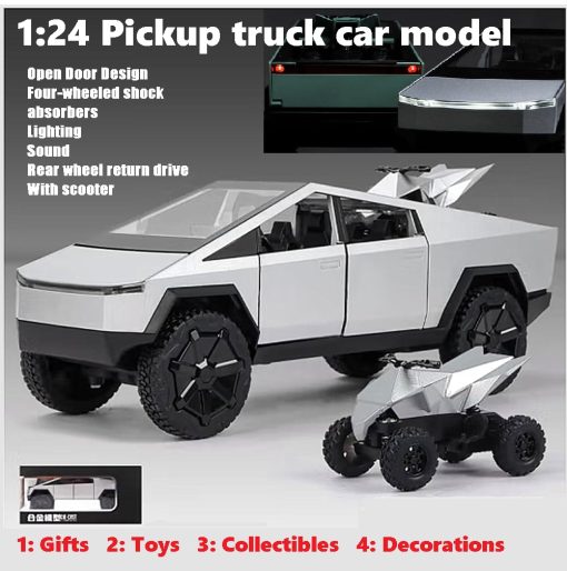 Modelo de coche de aleacion todoterreno pick-up 1:24 con juguete de motocicleta, funcion de sonido y luz, adecuado para adultos y ninos como regalo de juguete, coleccionables, decoraciones (Pick-up 1:24 Plata) - Imagen 5