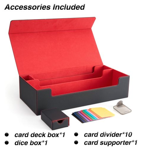 Caja de Mazo Venssu MTG para 5 Cajas de Cartas con Tapete y Caja de Dados, Incluye 10 Separadores Coloridos y 1 Soporte de Carta, Caja de Almacenamiento de Cartas de Juego para Magic Game Cards (Negro y Rojo) - Imagen 6