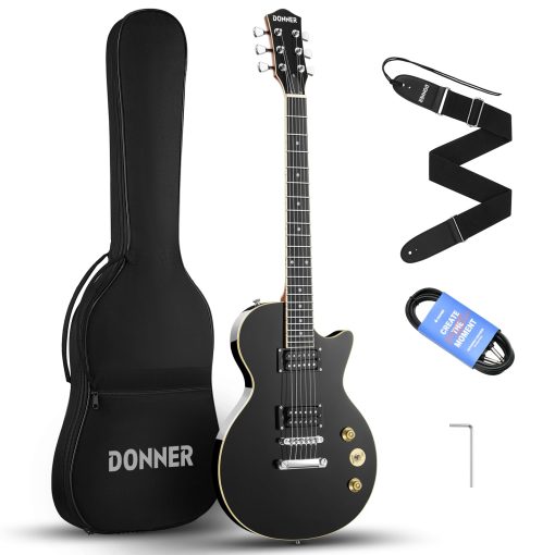 Guitarra Electrica Donner LP Cuerpo Solido, Tamano Completo 39 Pulgadas Kit de Guitarra Electrica para Principiantes Negro con Bolsa, Cable, Correa, DLP-124B