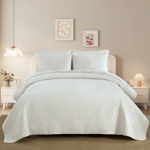 Juego de Edredon de Terciopelo Liians, Conjuntos de Ropa de Cama de Lujo, Elegante Ultra Suave Edredones de Terciopelo, Mantas, Colchas con Patron de Tejido Acolchado para Todas las Estaciones, Blanco, Tamano Queen