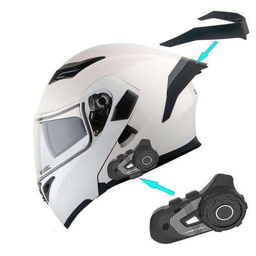 1Storm Casco de Motocicleta Modular de Cara Completa con Visera Doble + Spoiler Paquete con Auriculares Bluetooth para Motocicleta Freedconn: HB89 Blanco Brillante