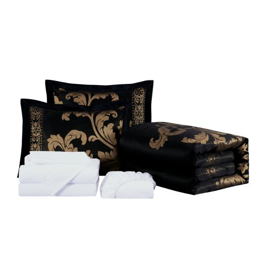 Chezmoi Collection Valor 7-Piece Bed in a Bag Queen, Negro/Oro Juego de Cama de Jacquard Floral de Lujo con Sabanas para Todas las Estaciones - Imagen 9