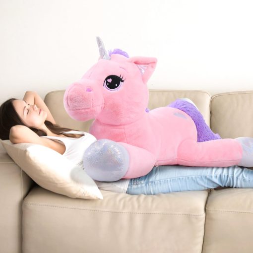 Peluche Grande de Unicornio Lanmore Juguetes Suaves de Unicornio Almohada de Peluche para Ninas Rosa 43" - Imagen 4