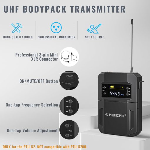 Sistema de microfono inalambrico Phenyx Pro, Set de microfono inalambrico de metal con microfono de mano/pack corporal/auricular/microfonos de solapa, 2 x 30 frecuencias UHF, microfono inalambrico para cantar, karaoke, iglesia, DJ (PTU-52-1H1B) - Imagen 4