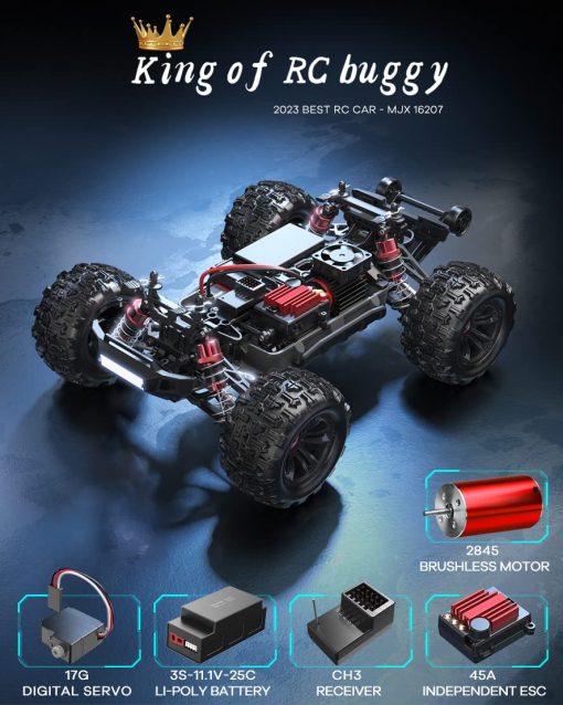 TesPower MJX Hyper GO 16207 con bateria 3S 1/16 RTR Coches RC Brushless, Coche RC rapido de 62KM/H, Coches de Control Remoto 4WD Todo Terreno para Adultos, Hobby RC Buggy Electrico Regalo para Nino - Imagen 3