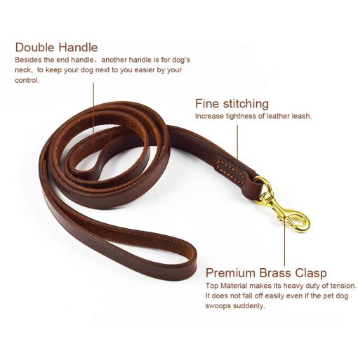 Correa de Cuero para Perros PESHOUCO, Cuero Genuino con 2 Asas Resistente y Duradero para Caminar y Entrenar Mascotas Grandes Medianas Pequenas 72x0.8 pulgadas (Marron) - Imagen 4