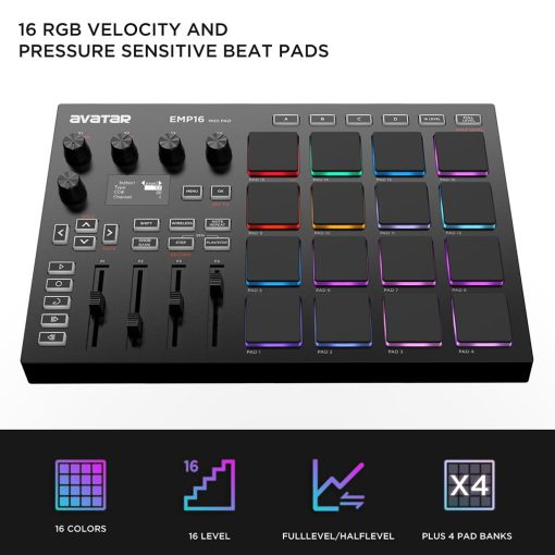 HXW EMP16 MIDI Pad Controller Beat Maker Machine Con Bluetooth, 16 RGB Pads de Ritmo Sensibles a la Velocidad, 16 Niveles, Completo/Medio Nivel, Pantalla OLED, MIDI Entrada/Salida - Imagen 3