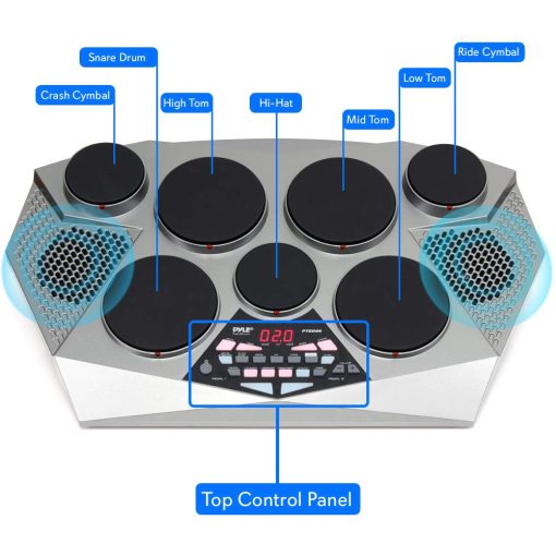 Pyle Pro Electronic Drum kit - Set de bateria electronica portatil con panel digital, 7 almohadillas de bateria, controlador de pedal de Hi-Hat / Kick Bass, USB AUX - Tom Toms, platillos, caja de la bateria - PTED06 - Imagen 2