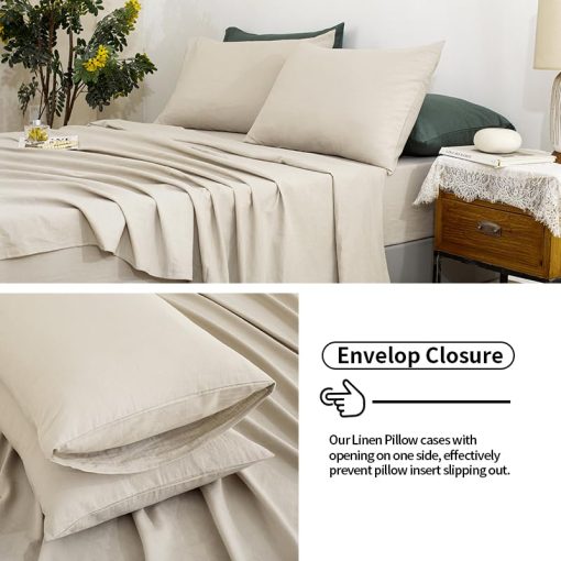 Juego de sabanas de lino TUMEI King Size - 4 piezas. Juego de sabanas de lino suave, transpirable y duradero para cama King con sabana bajera ajustable y sabana plana y 2 fundas de almohada, lino natural tamano King - Imagen 4