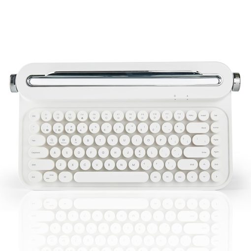 Teclado inalambrico tipo maquina de escribir de 86 teclas, teclado retro con soporte integrado, teclado Bluetooth con teclas redondas lindas para varios dispositivos para PC (blanco)