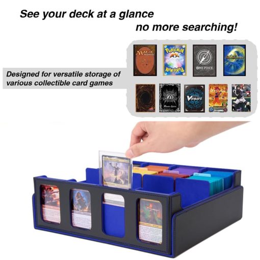 Caja de Mazo MTG, Estuche magnetico de almacenamiento de cartas de intercambio que contiene mas de 3000 cartas sin funda con 20 separadores coloridos y 4 soportes para cartas, caja de mazo de 4 filas para cartas de juego magico (azul y negro) - Imagen 4
