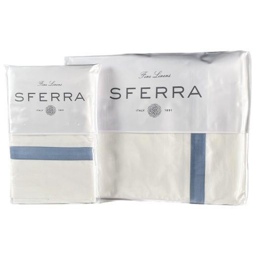 Juego de Sabanas Queen Sferra Estate Collection - 100% Algodon de Larga Fibra de 200 Hilos por Pulgada Percale con Detalles de Saten - Ropa de Cama Refrescante, Suave y Transpirable, Juego de 4 Piezas, Blanco/Mar