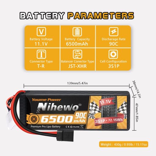Bateria Lipo Nihewo 3S 2 Paquetes 11.1V 6500mAh Bateria Lipo RC 90C Caja Dura con Conector TR Compatible con Arrma HPI 1/8 1/10 Camion RC Vehiculos Coche Truggy Buggy Tanque Hobby - Imagen 3