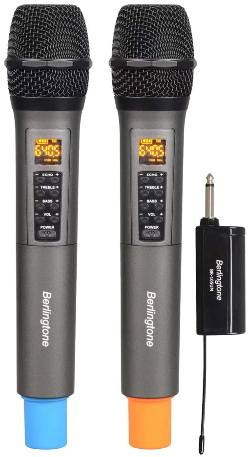 Sistemas de Microfono Inalambrico Dual UHF Berlingtone BR-105UM, de Mano Dinamico, con 60 Canales de Frecuencia Ajustable, con Eco, Agudos, Graves y Receptor Recargable, para Karaoke, DJ, Hasta 200 pies de Alcance