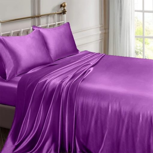 Juego de Sabanas de Seda Satinada Rico Bedding con Bolsillo Profundo de 19 Pulgadas - Juego de Sabanas de Lujo de Hotel - 6 Pc - Bolsillos Profundos - Transpirables y Refrescantes - Sin Arrugas - Comodas- Sabanas de Cama - (Tamano Queen Berenjena) - Imagen 2