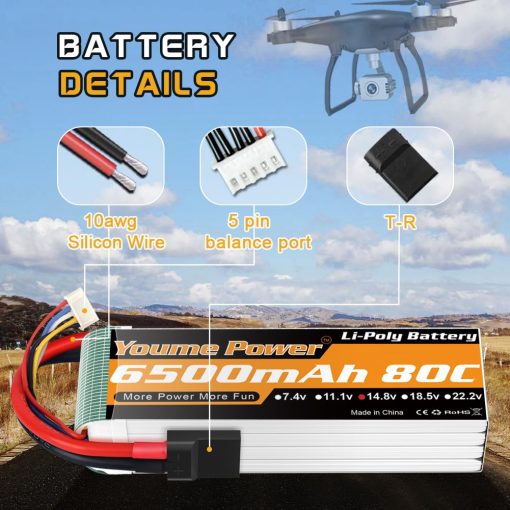 Bateria Lipo Youme 4S 14.8V 6500mAh 80C con Tr Plug para Maxx X-Maxx RC Buggy Truggy Crawler Truck Car, Helicoptero, Avion (2 Packs) - Imagen 4