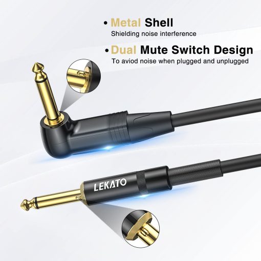Cable de Guitarra LEKATO con Boton de Silencio, Cable de Audio de Guitarra de 20 pies para Guitarra Electrica, Bajo, Cable de Amplificador Electrico Profesional con Doble Extremo de Conector Silencioso, 1/4" Angulo Recto a Enchufe Recto - Imagen 2