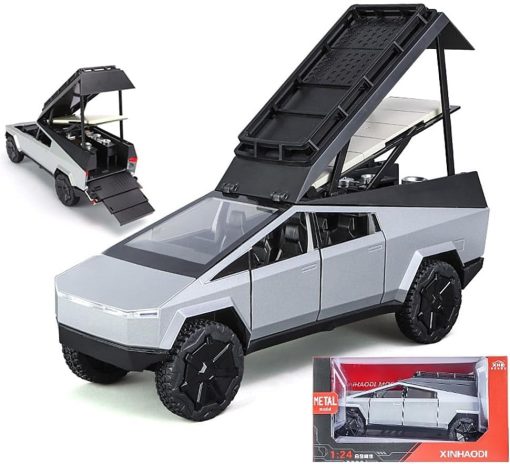 EROCK 1:24 Modelo de Coche de Camping RV, Juguete de Remolque Pickup - Modelo de Camioneta con Funcion de Sonido y Luces, Regalos Adecuados, Decoraciones, Coleccionables (Camping RV Plata)