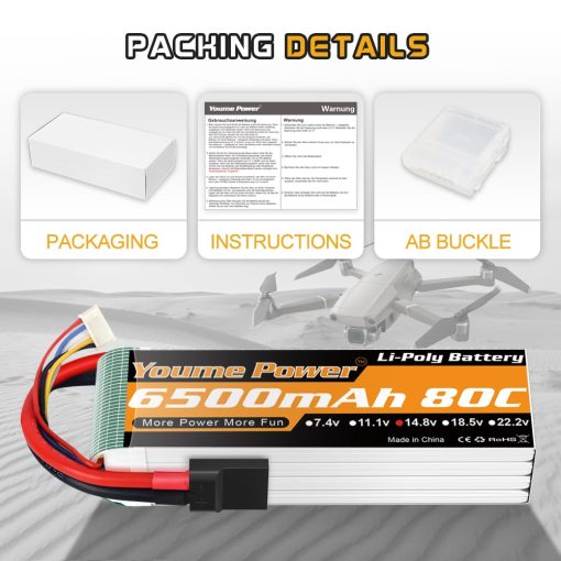 Bateria Lipo Youme 4S 14.8V 6500mAh 80C con Tr Plug para Maxx X-Maxx RC Buggy Truggy Crawler Truck Car, Helicoptero, Avion (2 Packs) - Imagen 6