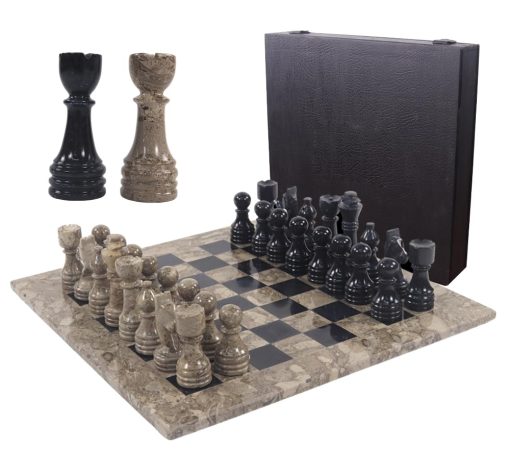 Juego de Ajedrez de Marmol de 15" Pulgadas Hecho a Mano para la Familia, Juego de Ajedrez de Marmol Oceanico y Negro con Caja de Almacenamiento - Juego de Ajedrez para la Decoracion del Hogar