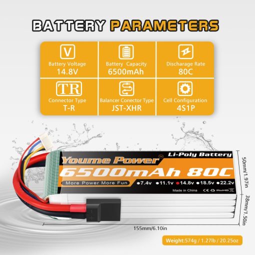 Bateria Lipo Youme 4S 14.8V 6500mAh 80C con Tr Plug para Maxx X-Maxx RC Buggy Truggy Crawler Truck Car, Helicoptero, Avion (2 Packs) - Imagen 3
