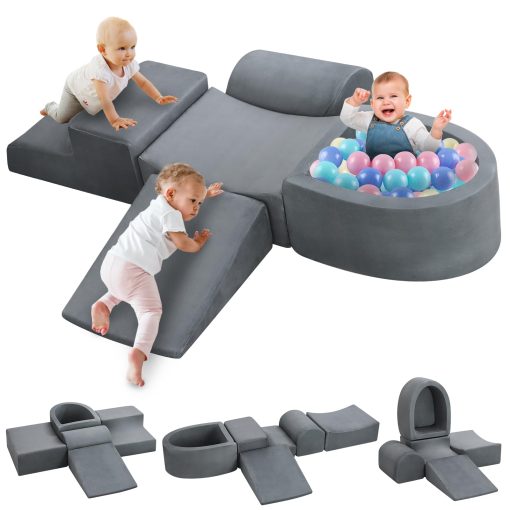 Juguetes de Escalada Suave para Ninos Pequenos Olasme, 5 Piezas de Bloques de Espuma y Piscina de Bolas para Ninos Pequenos, Bebes, Juego de Gimnasio Interior de Espuma (Gris)