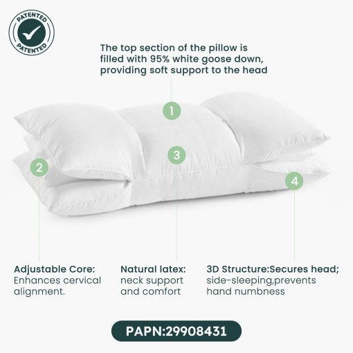 Almohada SerenLuna SlumberWing para dormir de lado, alivio de presion en el hombro, almohadilla ajustable en altura y firmeza, relleno premium de 95% de plumon de ganso blanco, soporte ergonomico para alineacion espinal con funda de almohada de ultra-algodon - Imagen 6