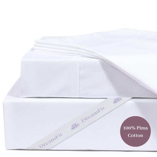 Juego de sabanas DreamFit DreamCool 100% algodon Pima con correas elasticas en las esquinas 20 pulgadas bolsillo extra profundo Hecho en EE. UU. Sabanas de lujo estilo hotel para cama ajustable Juego de sabanas Split Head Queen Blanco